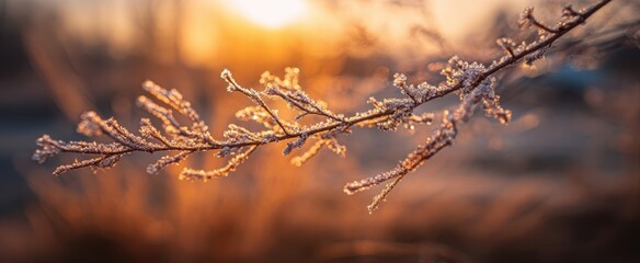 Obraz premium The Frosty Branch Glows in the Warm Winter Sunset Light