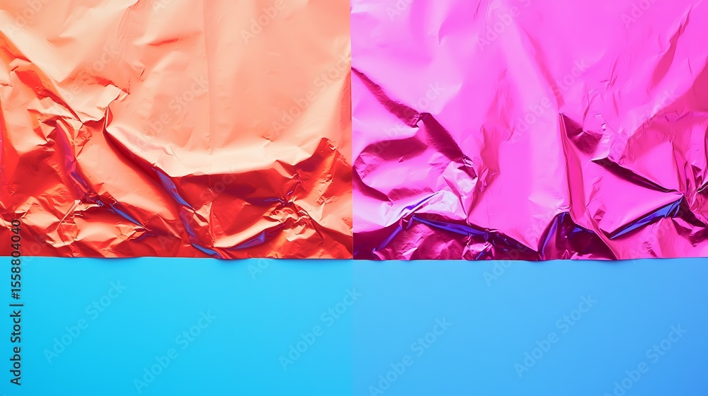 Poster a vibrant abstract image with crumpled red and pink foil textures on the top half and a smooth blue 
