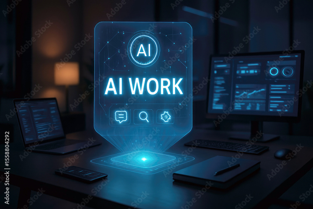 Poster futuristic artificial intelligence work interface displaying data and icons technology