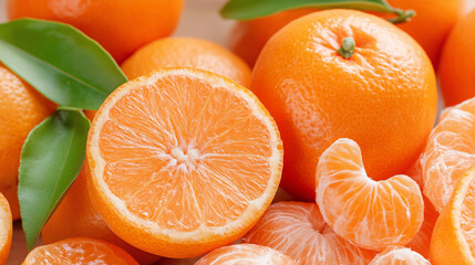 Fresh, peeled clementine or tangerine segments, full-frame, vibrant orange, juicy texture and natural ,Food photo, fruit.