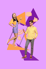 Banner vertical pop trend collage of happy girl guy stand phone peek hand thumb up like reaction...