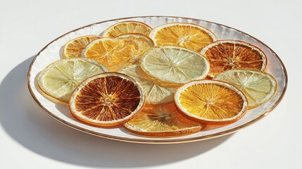Dehydrated citrus fruit slices on plate: dried orange lemon lime fruit healthy snack food photography
