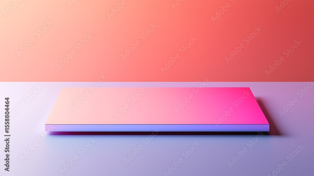 Poster a sleek, rectangular platform with a pink and purple gradient on a smooth surface, set against a pea
