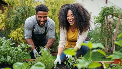 A cheerful couple tending a garden together, expressing laughter and joy while working with plants - Powered by Adobe