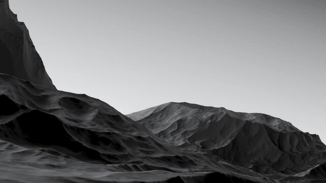 Black mountains,rocky gloomy landscape,abstract mountain landscape black and gray, minimalist, gloomy. Black stone relief cliffs,animation. 3D render.