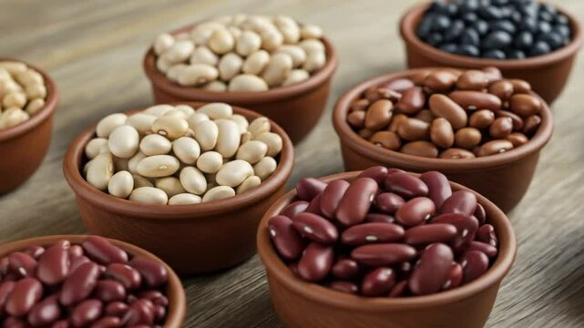 Colorful beans in rustic pottery bowls