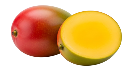 Luscious ripe mango fruit showcases vibrant colors and freshness with a halved piece revealing its juicy, yellow flesh against a black background.