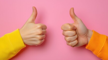 Closeup of two human hands giving a cheerful enthusiastic thumbs up gesture against a vibrant colorful neutral backdrop  This image conveys a sense of positivity success agreement and encouragement