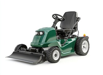 Fototapeta premium Green riding lawn mower with a black cutting deck isolated on white background.