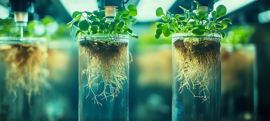Aeroponic farming setup with floating plant roots in nutrient mist 