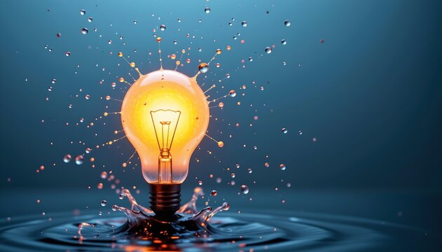 the image shows a single, illuminated light bulb, which appears to be floating or hovering above the surface of a dark blue background