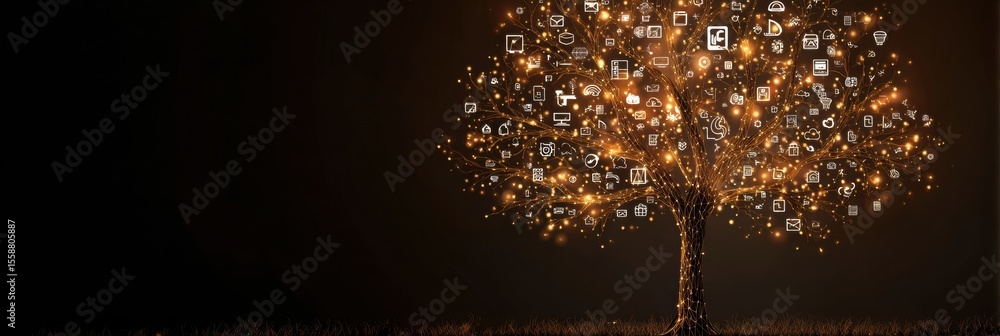 Poster glowing knowledge tree with luminous icon-shaped leaves in a dark environment showcasing the essence