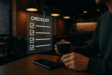 Augmented Reality Café Scene with Man Viewing Digital Checklist Overlaid on Table with Coffee and Phone
