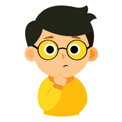 A young cartoon character with glasses, wearing a yellow sweater, pondering thoughtfully vector icon on white background.