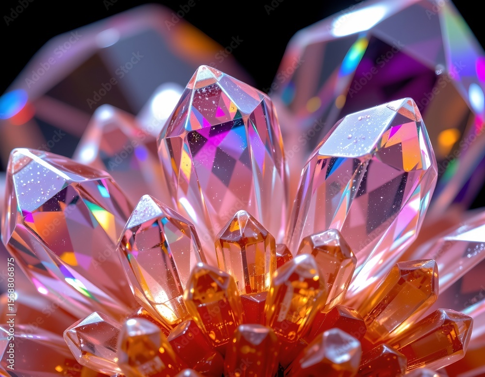 Poster this image features a vibrant close up of a crystalline structure with multiple shades of pink and p