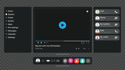 A futuristic VR UI overlay with a transparent background, featuring a central video player, side panels with menus, icons, and a friends list for calls or messages. Ideal for AR VR headset interfaces.