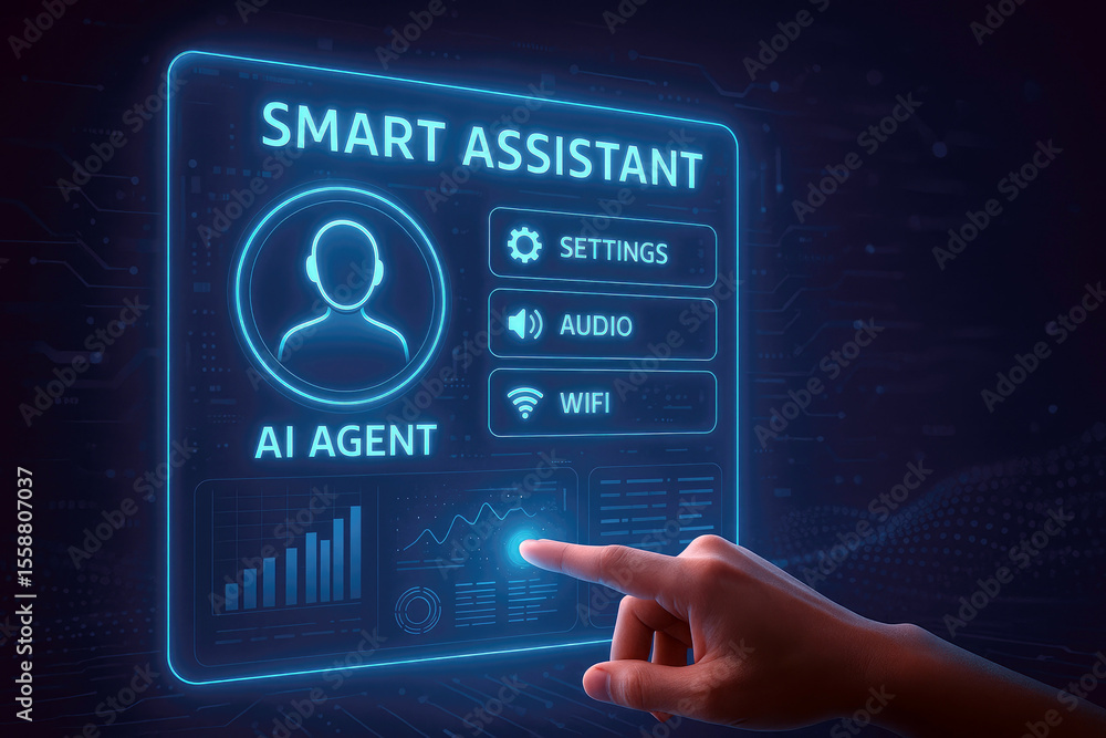 Poster futuristic digital interface displaying smart assistant options and data visualizations
