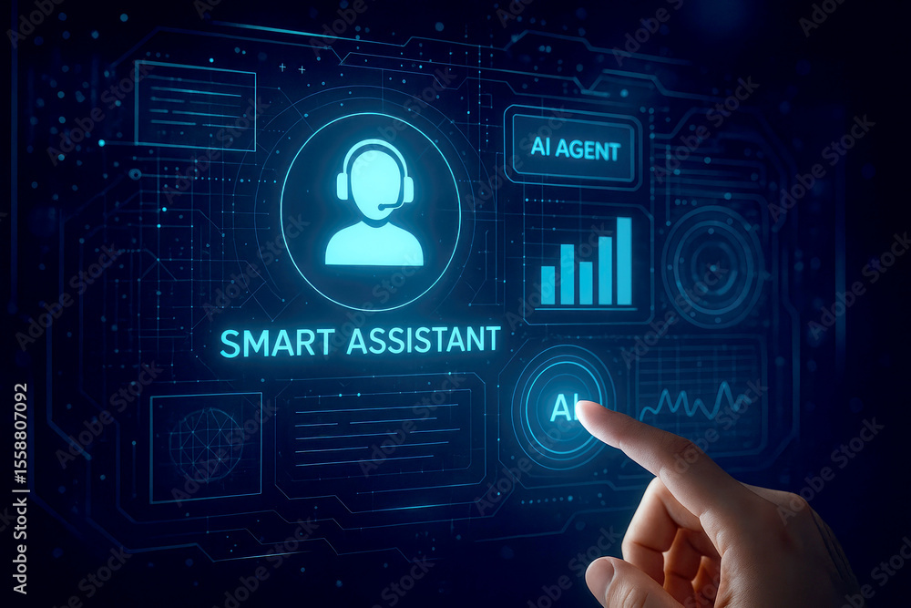 Poster futuristic digital interface with smart assistant and ai agent artificial intelligence