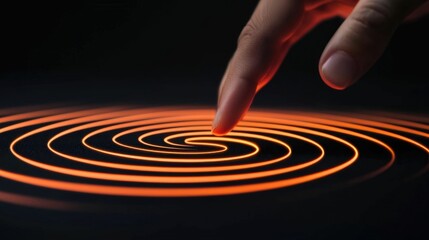 Fototapeta premium A finger tracing a luminous fiery spiral line against a dark contrasting backdrop creating a dynamic mesmerizing and conceptual abstract digital art with a sense of energy flow and visual intrigue