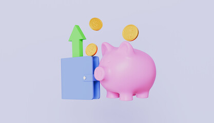Piggy bank with gold coins, Dollar signs floating around, Purse icon with green arrow rising