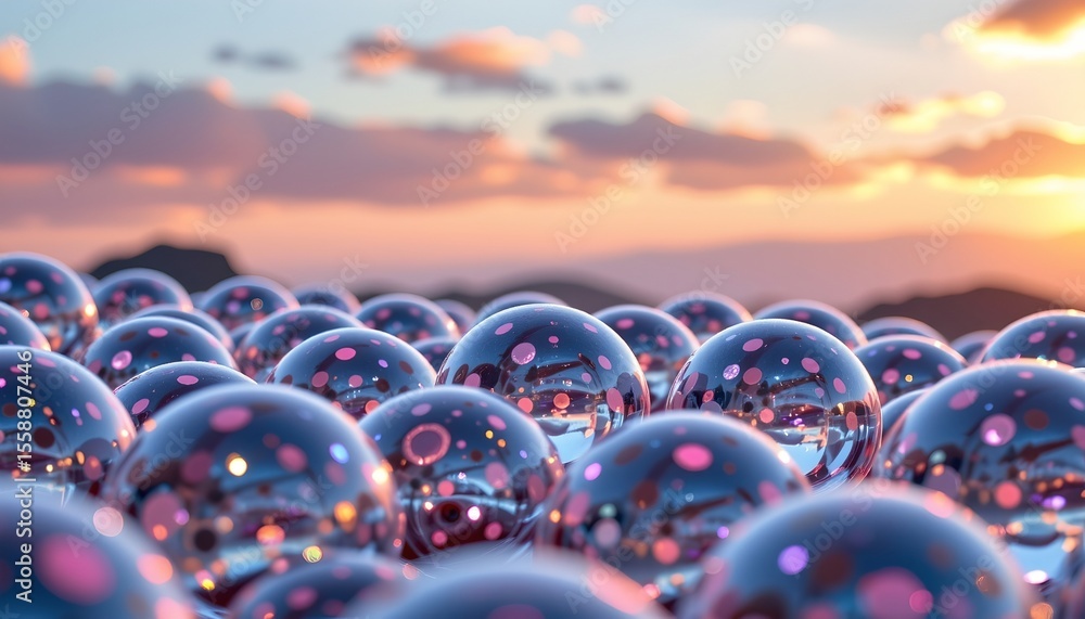 Poster the image shows a close up of multiple spherical objects that resemble bubbles or gemstones, arranged in a way that suggests a collection or display