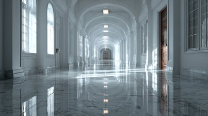 Elegant Long Hallway with Polished Marble Flooring and Vintage Clock Creating a Timeless Atmosphere