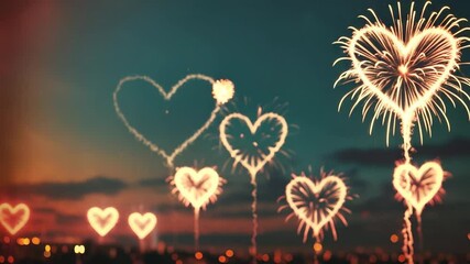 Heart-shaped fireworks light up the night sky with vibrant, glowing patterns over a blurred cityscape. - Powered by Adobe