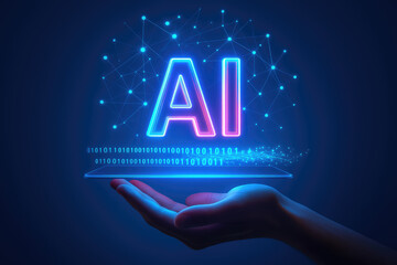 Glowing artificial intelligence interface with binary code and network technology