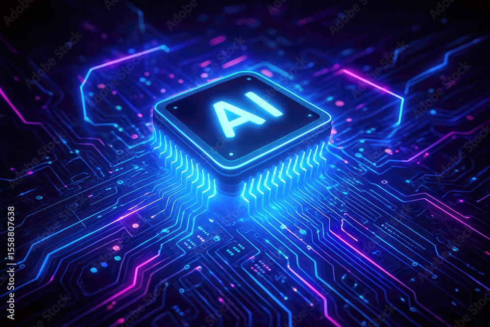 Poster glowing artificial intelligence processor on a circuit board chip