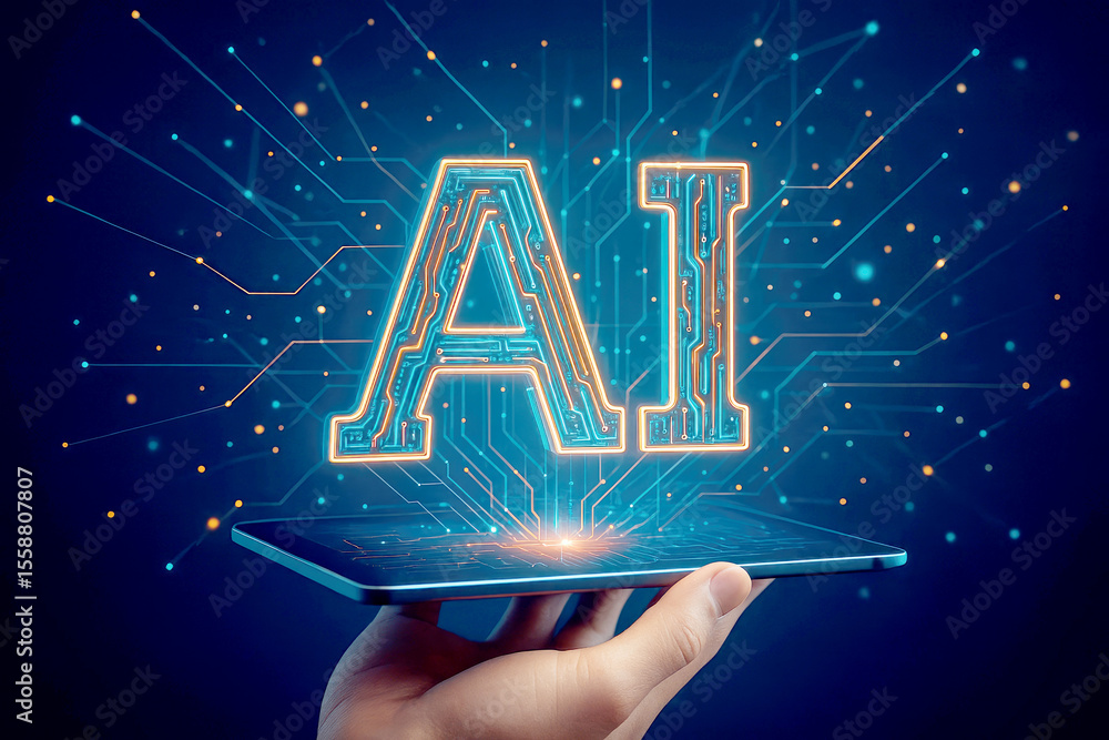 Poster glowing artificial intelligence symbol projected from device technology digital