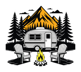 Vintage Camper Camping in Mountains, Outdoor adventure line art illustration On White Background

