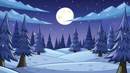 Winter Pine Tree Forest Night Scene.