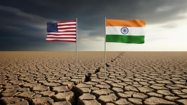 USA and India flags standing on cracked dry ground, symbolizing trade war and rising tariffs causing economic and political tension between the two countries