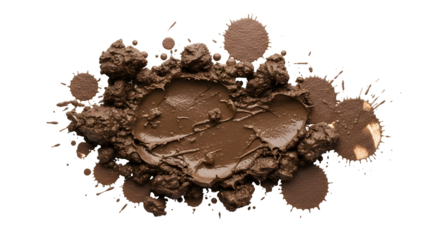 Artistic rendition of chocolate or mud splatters against a black background, evoking a sense of abstract design with brown tones and liquid textures.