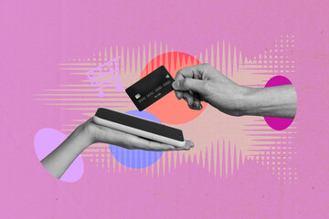 Creative banner full art collage of human hands hold pos terminal dollar phone payment transaction...