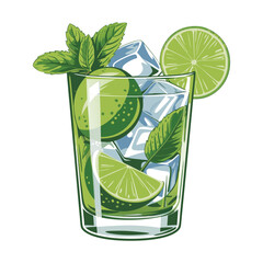 Summer Cocktail Icon, Refreshing mojito with fresh mint and ice cubes On White Background

