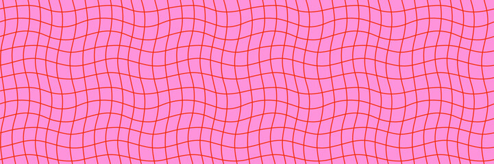 Wavy grid pattern seamless background with red lines on pink creating a retro abstract checkerboard effect. Groovy distorted grid style for fabric, wallpaper, packaging. Drag to swatches panel to use