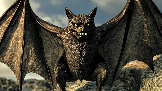 A menacing bat-like creature perched on a rocky landscape.