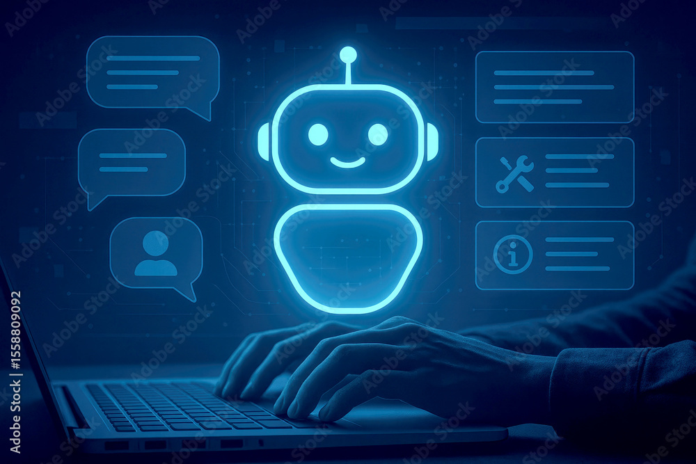Poster glowing blue robot interface with chat bubbles and user interacting on laptop artificial intelligenc