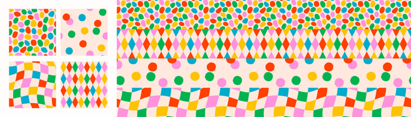 Colorful confetti pattern backgrounds with abstract dot, diamond, square, and wavy checker elements. Retro pattern and seamless vector design for wallpaper, wrapping, and fabric. Drag to swatches