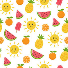 Bright summer pattern design with sun, watermelon, pineapple, orange and popsicle. Perfect for fabric, wrapping and backgrounds.