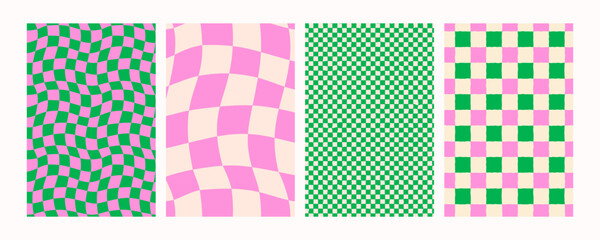 Green and pink wavy checker pattern backgrounds or posters. Seamless retro psychedelic vector for kids room, wrapping paper, or fun branding. Drag to swatches panel to use