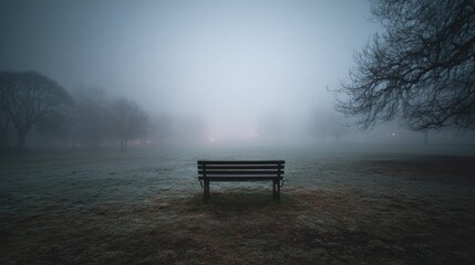 Mysterious Foggy Field with Solitary Bench Surrounded by Lush Trees Evoking Peaceful Tranquility