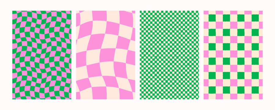 Green and pink wavy checker pattern backgrounds or posters. Seamless retro psychedelic vector for kids room, wrapping paper, or fun branding. Drag to swatches panel to use