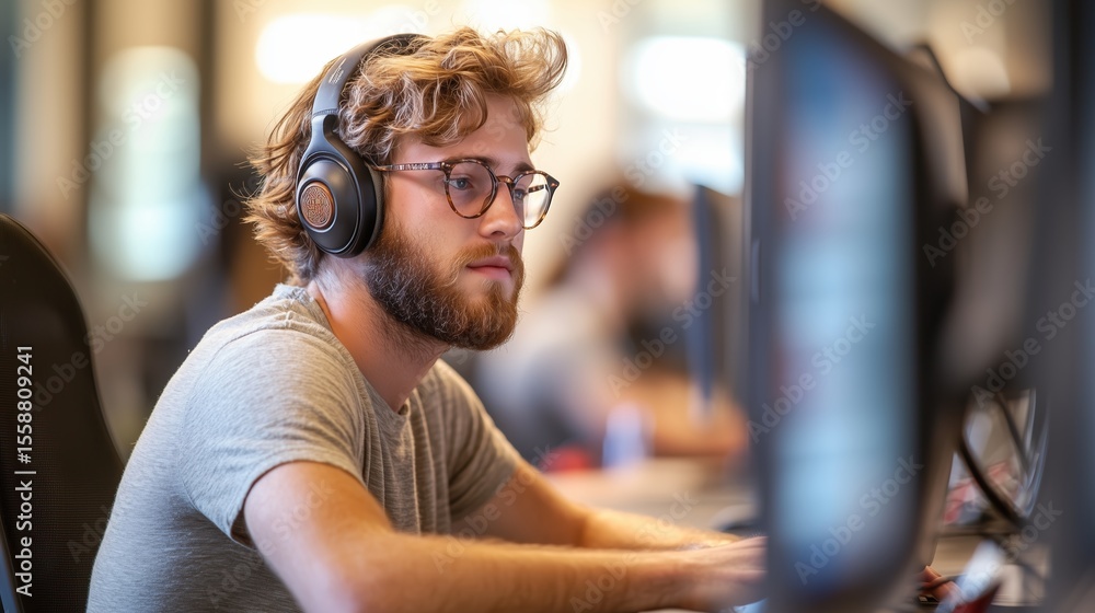 Poster young man focused on computer work in a busy tech workspace during daytime hours