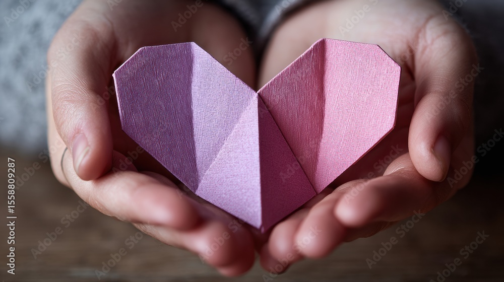 Poster Hands Holding a Folded Paper Heart With Soft Shadows in a Cozy Indoor Setting During the Day