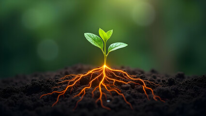 Seedling root system as a glowing fractal pattern