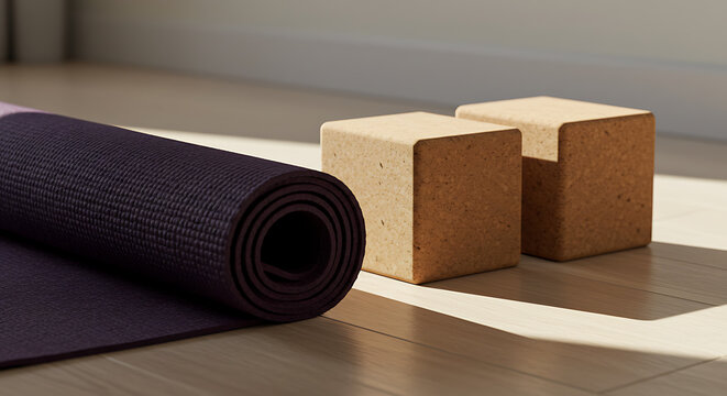 Rolled Purple Yoga Mat and Two Cork Yoga Blocks on Wooden Floor.