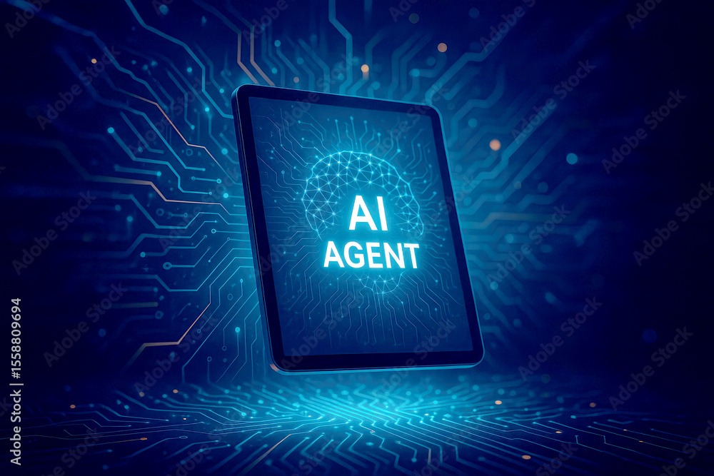 Poster glowing digital brain on tablet screen with circuit board background artificial intelligence