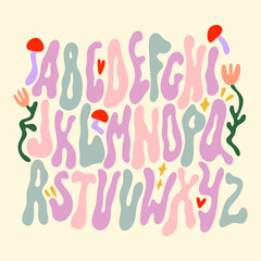 Groovy liquid positive vibe aesthetic hand-drawn bright color alphabet font with flowers and mushrooms in hippie bohemian groovy postmodern funky 1960s boho mushroomcore trendy psychedelic style